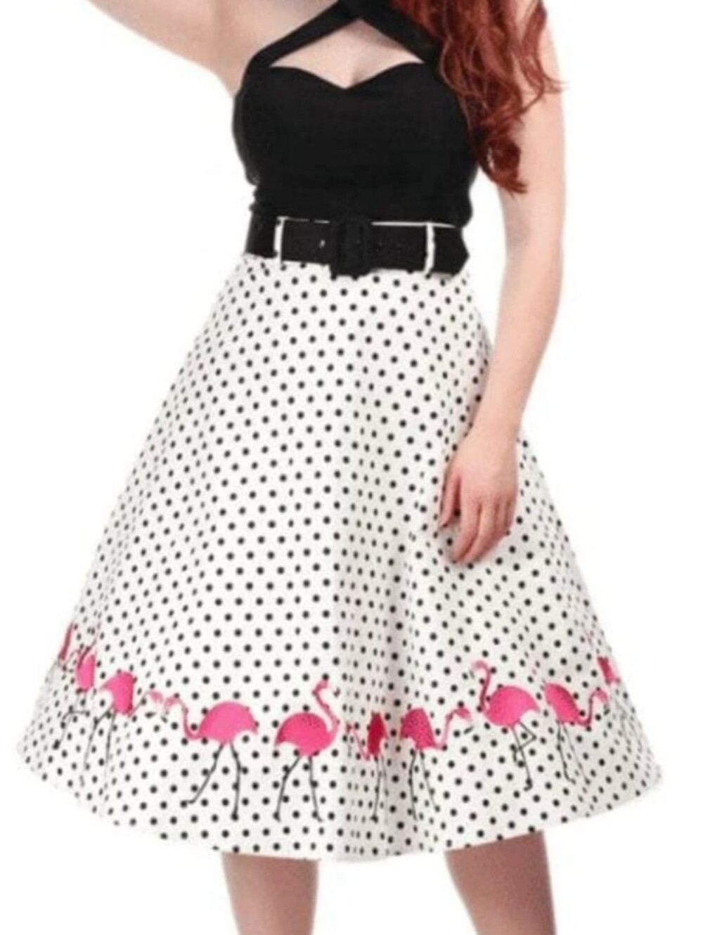 Collectif Vintage Polka Dot Swing Skirt with Pink Embroidered Flamingo Hem 2